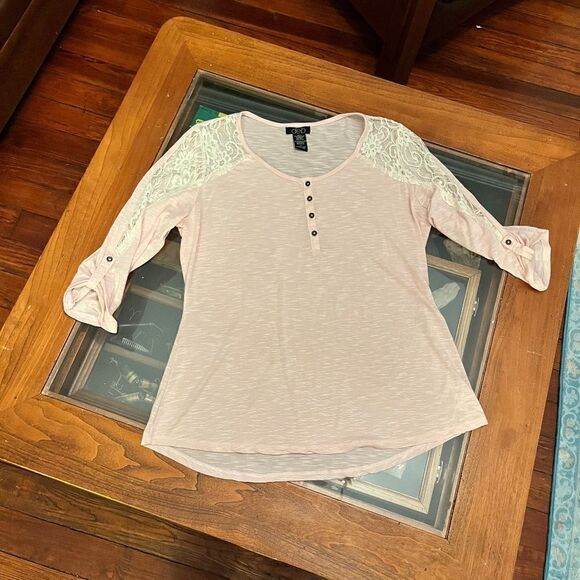 Deb 1XL Pink Top Lace Insert Sleeves Button Chest VERY CUTE - Picture 2 of 10